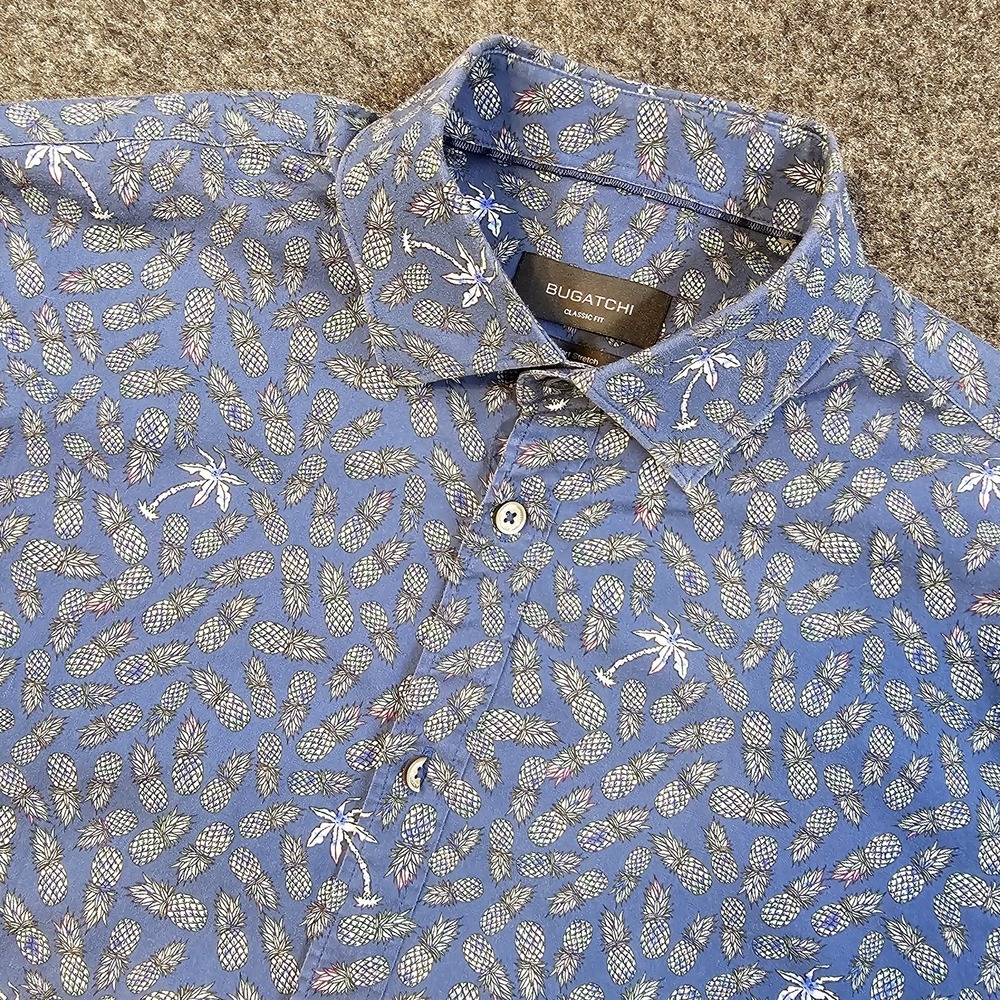 Bugatchi Classic Fit Pineapple Button Up Shirt Men's Medium Blue Comfort Stretch